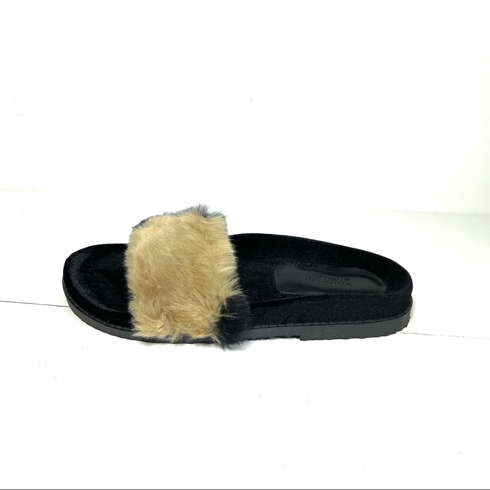 Zara Women's Faux Fur Slides Size 37 US 6.5 Brown/Gray/Black.